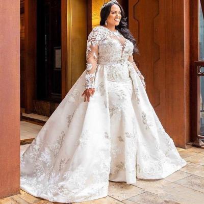 China Long Sleeve Anti-Static Lace Appliques Detachable Skirt Mermaid Plus Size Wedding Dress Model For Bride for sale