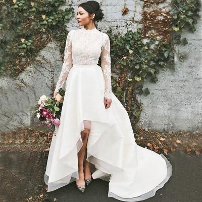 China Anti-Static Asymmetrical Lace Appliques Sheath Long High Neck Hi Lo Wedding Dress 2020 for sale