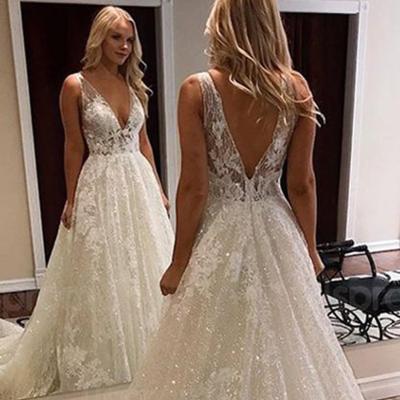 China Anti-Static Sparkle Glitter Sequins Lace Up Appliques A Line Luxurious Sexy Women's Deep V Backless Wedding Dress 2020 for sale