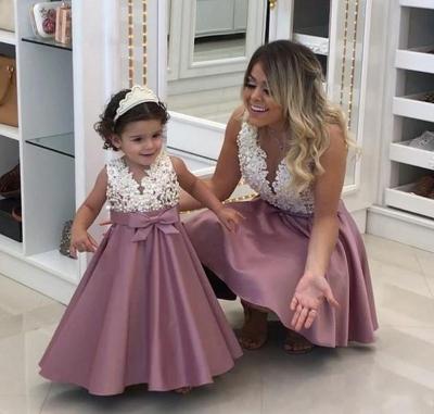 China 2020 new arrival anti-static beading lace and wisteria satin beaded bodice mother and daughter dress dresses for sale