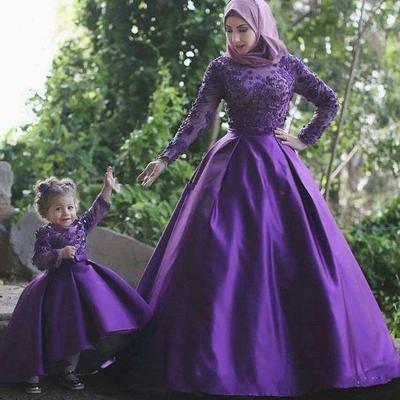 China Modest Long Sleeve Muslim Purple Breathable Appliques Satin Mother and Daughter Matching Outfits Dress for sale