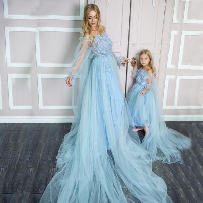 China Breathable Charming Electric Garland Long Sky Blue Off The Shoulder Soft Tulle Mother And Daughter Matching Dress for sale