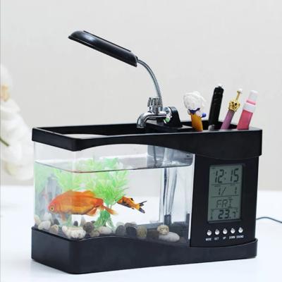 China USB Mini Aquarium Fish Tank Beta Viable Desktop Aquarium with LED Light LCD Display Screen and Clock Aquarium Decoration with Pebbles for sale