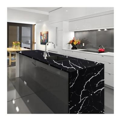 China Anti Pollution Affordable Faux Calacatta Black Marquina Quartz Slab Kitchen Countertops for sale