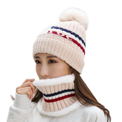 China New Fashion COMMON Woven Warm Beanie Winter Hat Girls Knit Hats Skull Scarf Hat Set Double Layers for sale