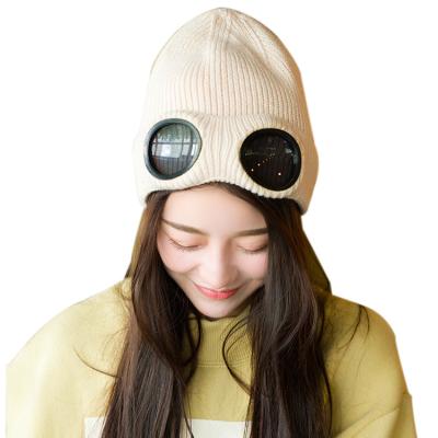 China COMMON High Quality Plush Woven Glasses Double Layers Mask Glasses Mount Windproof Winter Hats Knit Cover Warm Scarf Hat Set for sale