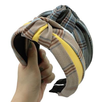 China Fashion New Arrival Lady Plaid Color Block Knot Headband PU Hair Bands Headband High Quality Leather Wide Wide Headbands Pretty for sale