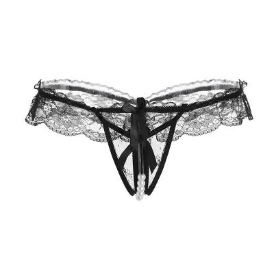 China White and Black G-String Sensitive Lace Massage Hot Sexy Sheer Transparent Panties Pearl Thong Low Price Women's G-String Thong for sale