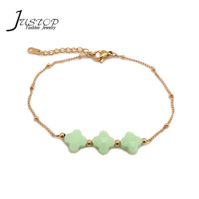 China Environmental Friendly Factory Wholesale Gold Plated Green Glass Bracelets Stainless Steel Chain for sale