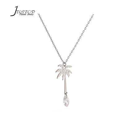 China Zircon Tree Coconut Palm Plating Rhodium Style Brass Necklace Environmentally Friendly Hawaiian Tropical Pendant Girls Necklace for sale