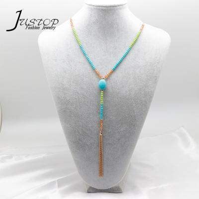 China Long Environmental Friendly Crystal Tassel Necklaces For Female With Natural Turquoise Stone Custom Design Pendant Necklace for sale