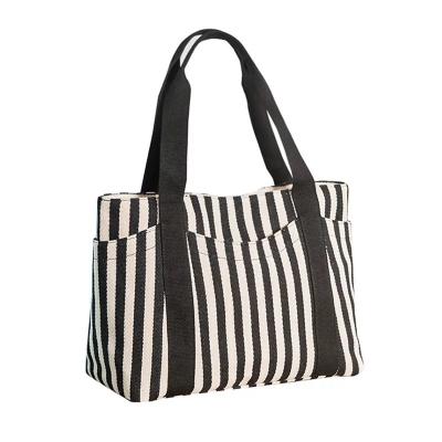 China Lady Vertical Stripe Zipper Shoulder Bag Women Tote Handbag Lady Canvas Handbag for sale