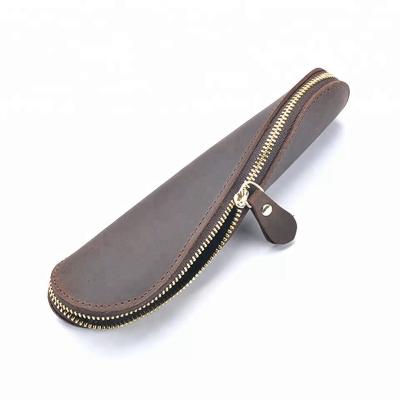 China Real Raw Cowhide Gift Pen Bag Leather Zipper Pencil Case for sale