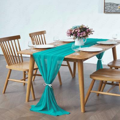 China Beautiful Sky Blue Modern Soft Silky Agile Gauze Long Table Runner Gauze Style Chiffon Table Runner For Wedding for sale