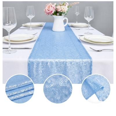 China Modern Soft Embroidery Designer Fancy Style Sky Blue Glitter Sequin Embroidery Table Runner Soft Table Runner For Wedding for sale