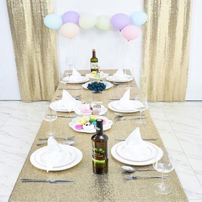 China Light weight soft luxury sequin gold machine embroidery shiny rectangle tablecloth for wedding party for sale