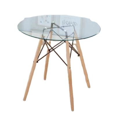 China Simple Design Glass Table Modern Wooden Leg Kitchen Dining Tables Leisure Home Glass Reception Desk for sale