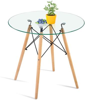 China Modern Glass Top With Beech Wood Leg Dining Tables 80*80 Size Table for sale