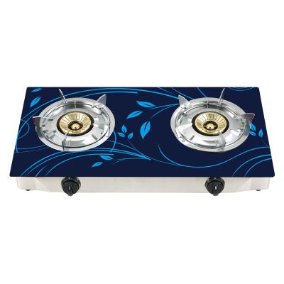 China Brass 2D 3D Burner Gas Stove Tempered Glass Table Top Kitchen Cooker Home Appliance Cookware New Hotel Design Two Glass Burner for sale