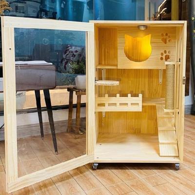 China 2021 Breathable Cat House Luxury Solid Wood Cheap Cat Boarding House Cute Breathable Cat Cage Villa Bed Wooden for sale