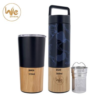 China BS09 560ml 20oz Sustainable Vacuum Insulated Stainless Steel Bamboo Outdoor Sports Bottle With Strainer for sale