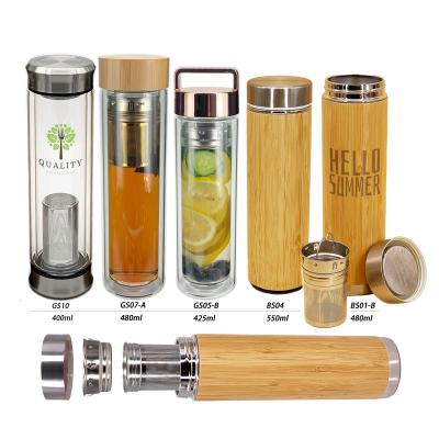 China Sustainable 550ml Double Wall Vacuum Insulated Bamboo Detox Tea Infuser Water Fllask With Stariner for sale