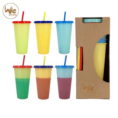 China 24OZ 680ml Color Stocked Reusable Color Changing Iced Water Coffee Cups Travel Car Plastic Cups With Lids And Straws for sale