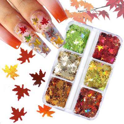 China Colorful Autumn Leaf 3D Holographic Nail Art Glitter Maple Leaves Sequins For Nails Supplies Decorations for sale