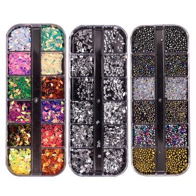 China mixed form & Colors Wholesale 12 Grid Long Box Set AB Nail Charm Glass Rhinestone For Nail Decoration Craft for sale