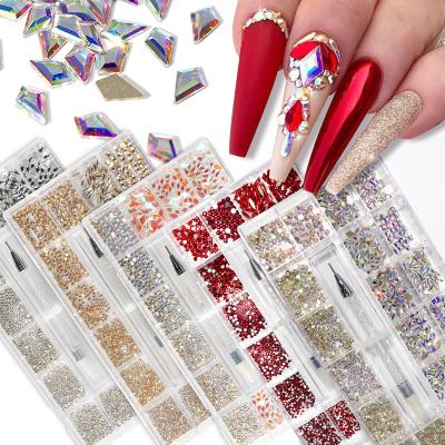 China Mix 3100pcs Very Hard Cut Multi Shapes Crystal AB Glass Rhinestone Flatback Round Nail Diamonds With Wax Pen For Nail Art Decoration for sale