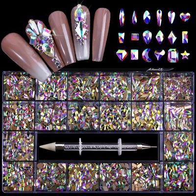 China Mixed Design Mix Shape Shiny AB Rainbow Crystal Fancy Flat Bottom Glass Nail Rhinestone Set For Nail Art Decoration for sale