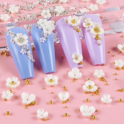 China 30Pcs 3D Colorful Acrylic Flower White Pink Nail Charms With Pearl Caviar Gold Beads For DIY Nail Decorations for sale