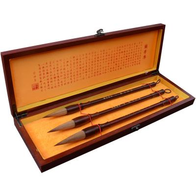 China Chinese Ancient Inscription Brush High Quality Chinese Calligraphy Antique 3pcs Brush Weasel Hair Rosewood Handle Brush Set Wooden Box for sale