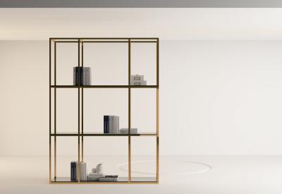 China Modern Square Gold Stainless Steel Bookshelf Glass Study Customisable Bookcase for sale