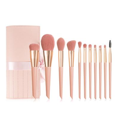 China Wholesale Luxury Private Label Handle 11Pcs Cruelty Free Synthetic Hair Wooden Pink Powder Blush Foundation Cosmetic Makeup Brushes With Bag for sale