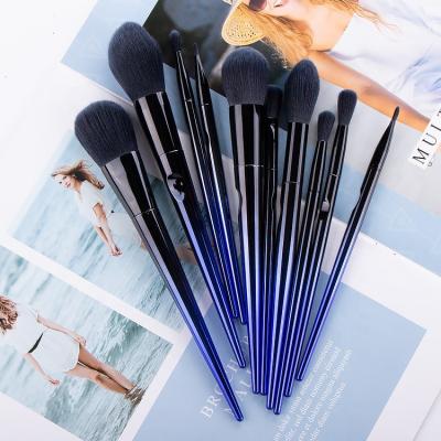 China 2021 Waterproof Hot Selling Shiny Diamond Makeup Brush Handle Professional Blue Customize Private Label Cosmetic Brushes 10Pcs for sale