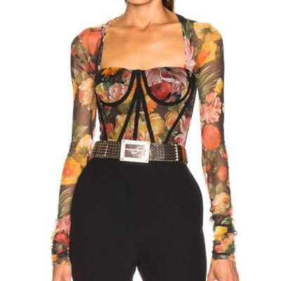 China New OEM Floral Design Lady Anti-pilling Sexy Long Sleeve Bustier Top for sale