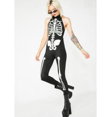 China Jumpsuit Women Role Play Skeleton Halloween Costume Jumpsuit With Fake Neck for sale