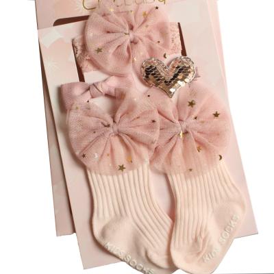 China Cute Newborn Toddler Solid Flower QUICK DRY QUICK DRY Baby Hits Children Hutch Socks Hair Band Gift Set for sale