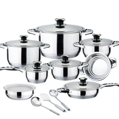 China Sustainable Customized Non Stick Kitchen Cookware Set 24Pcs Cookware Set Stainless Steel Pots And Pan Sets With Glass Lid for sale