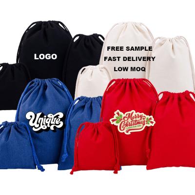 China Custom Logo Cotton Drawstring Bags Small Xmas Birthday Wedding Party Christmas Gift Bag Canvas Drawstring Jewelry Pouch Bag for sale