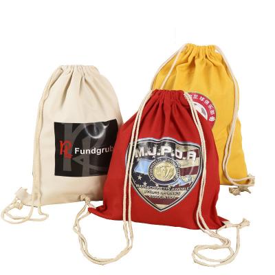 China Custom Natural Logo Canvas Drawstring Backpacks Reusable Cotton Eco-Friendly Promotional Organic Cotton Backpack Shopping Travel Bag Fitness Gym Bag for sale