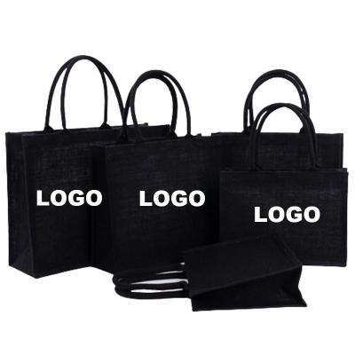 China Reusable Black Burlap Tote Bags Custom Logo Reusable Canvas Grocery Beach Gift Bag For Beach Travel Wedding Party for sale