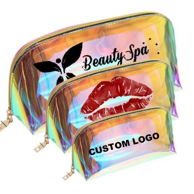 China Custom Logo Bulk Clear Cosmetic Bag Holographic Cosmetic Pouch PVC Makeup Pouch Portable Waterproof Transparent Bag Cosmetics Convenience Makeup Bag for sale