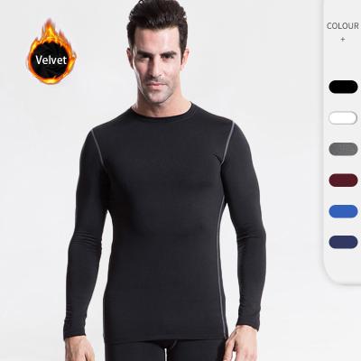 China 2021 Winter Men's Long Sleeve Fitness Body Fit Velvet Polyester Spandex Polyester Spandex Breathable Sports T-Shirts Warm Gym Wear Fitness Shirt Tights Long for sale