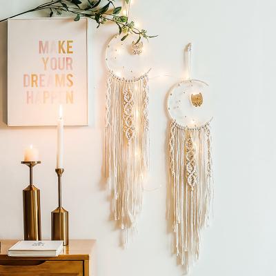 China Large handmade chic feather ornament macrame moon dreamcatcher contemporary woven boho diy wall hanging decor for sale