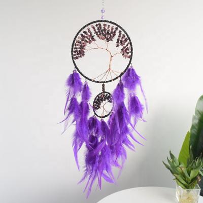 China Indian Natural Tree Of Life Dream Catcher Gemstone Dreamcatcher Double Rings With Purple Feather for sale