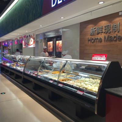 China Hot Wet Single-temperature Serving Counter Cabinet Refrigeration Equipment For Supermarket With Curved Glass for sale