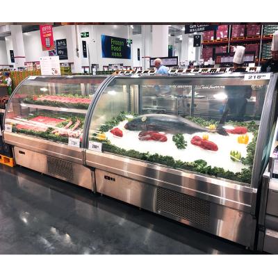 China Single-temperature plug in semi multideck case with front curved glass for fresh meat fridge for supermarket meat display fridge for sale