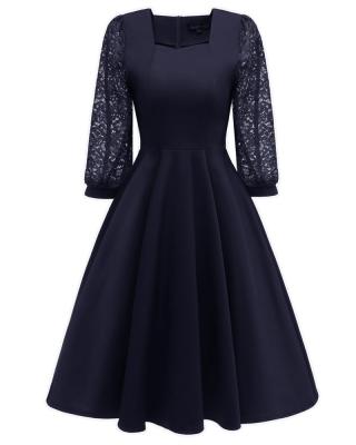 China Anti-wrinkle Women's Clothing Square Collar Midi Lace Dress High Quality Dark Blue Chiffon A Line Causal Women Dress Temperament Work Dress for sale